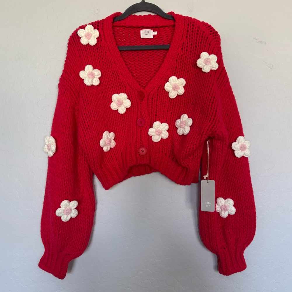 Red Floral Appliqué Cropped Cardigan - UNQ (Women)